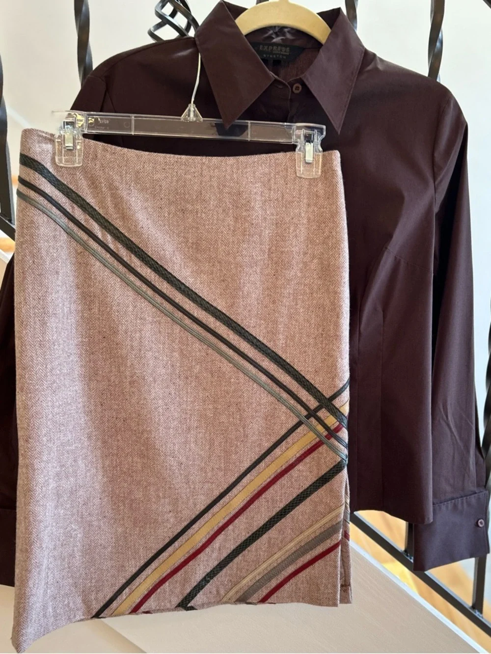 Express Brown Pencil Skirt with Diagonal Stripe Accents & Brown Buttons Down Top - Picture 2 of 12